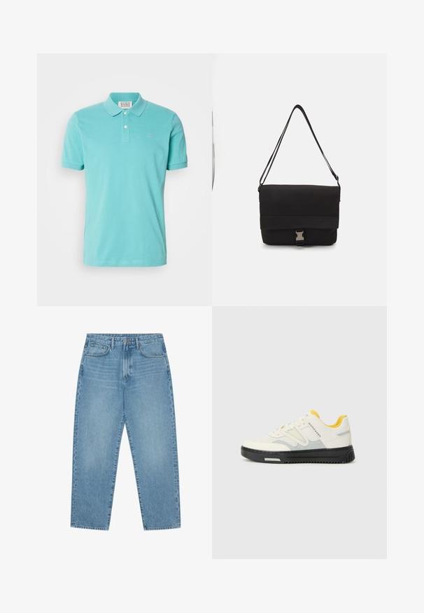 Camisa polo turquesa, material em algodão, mangas curtas, gola com dois botões, logotipo bordado discreto no peito, textura suave.; Jeans de ganga de perna larga em azul-claro com cintura alta, apresentando cinco bolsos, passadores para cinto e uma textura suave, ligeiramente desbotada.; Sapatilha desportiva branca e cinza com um upper texturizado, detalhes amarelos na lingueta e uma sola preta espessa. Apresenta perfurações para maior respirabilidade.; Saco de mensageiro preto feito de material liso, apresentando uma aba dobrável, fechos de hardware prateados e uma alça de ombro ajustável.