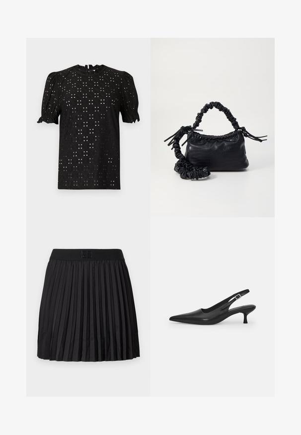 Sort kortærmet bluse med et tekstureret, hulmønstret design, der har puffede ærmer og en rund halsudskæring, lukket med en nøglehulslukning i ryggen.; Sort plisseret nederdel med en glat tekstur, der har en ensfarvet sort talje og en præget logo-detalje foran.; Sort læder slingback-sko med spids tå og en slank, buet hæl. Har en diskret justerbar rem med en metalspænde.; Sort kunstlæder håndtaske med krokodilteksur, indsnøret top og en sammenkrøben rem. Ser blød og kompakt ud i designet.