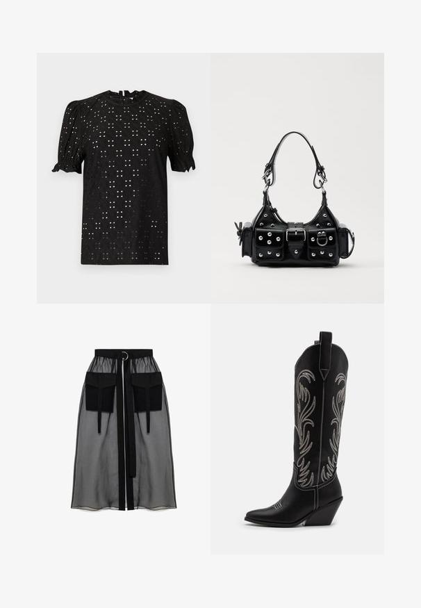 Must mustrinine lühikeste varrukatega blouse, millel on tekstureeritud aukudega disain, puffi varrukad ning ümmargune kaelus, lukuga selja taga.; Must mustriga seelik, millel on kogutud vöökoht, kaks suurt esitaskut, vöötie ja ringikujuline metallaktsent.; Mustad mustad nahast cowboy saapad terava ninaga, vööndkanna ja hõbedaste tikanditega lillemustritega varred. Kontrastõmblused üle kogu.; Must värvi nahast käekott, millel on kaarjas disain, hõbedased nupukesed, kinnitusahe ja kaks külgtaskut. Reguleeritav rihm erinevate kandmisvõimaluste jaoks.