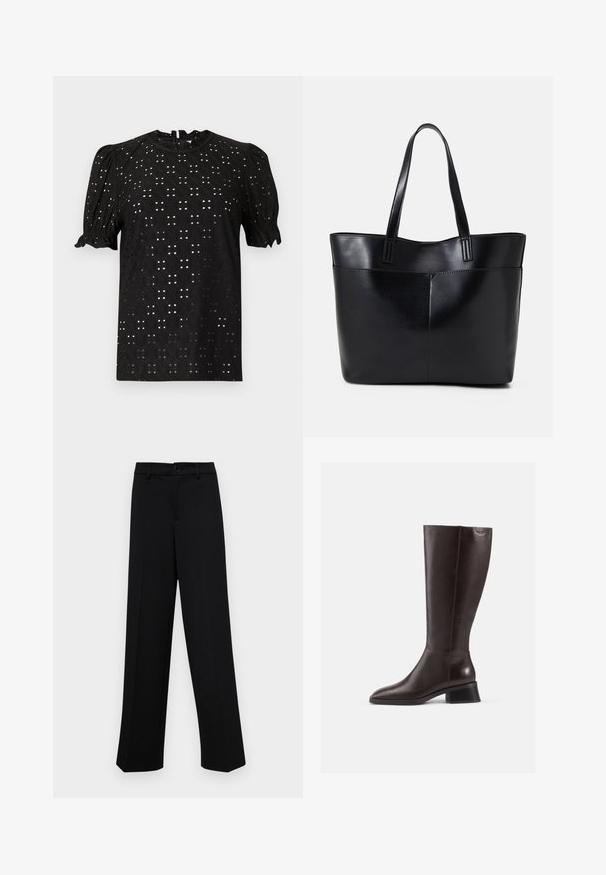Black short-sleeve blouse with a textured, eyelet design featuring puffed sleeves and a round neckline, fastened with a keyhole at the back.; Black wide-leg trousers made of smooth fabric, featuring a classic waistband with a button closure and front pleats.; Knee-high brown leather boots with a smooth finish, rounded toe, and a stacked black heel. Simple design with minimal hardware details.; Black leather tote bag with two long handles, a smooth texture, and a structured shape. Features a front pocket for additional storage.