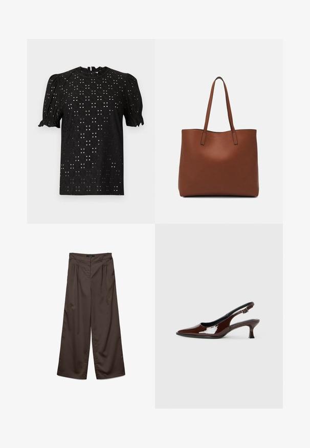 Fekete, rövid ujjú blúz, texturált, lyukacsos mintával, puffos ujjal és kerek nyakkivágással, hátul kulcslyukkal rögzítve.; Sötétbarna, sima textúrájú, bővített nadrágok. Jellemzői között szerepelnek az elöl található redők és a klasszikus derékbőség.; Barna lakkbőr slingback cipő hegyes orral és mérsékelt sarkal. Biztonságos illeszkedést biztosító csattal rendelkezik. Sima textúra.; Barna bőr vászontáska sima textúrával, nyitott tetejű dizájnnal és két vállpánttal. Minimális varrással és látható hardver nélkül készült.