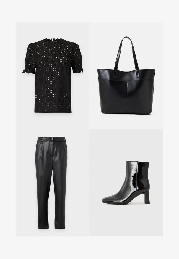 Melnā īsām piedurknēm blūze ar teksturētu acs dizainu, kurai ir pūkainas piedurknes un apaļa apkakle, aizverama ar atvērumu aizmugurē.; Melni ādas bikses ar gludu tekstūru, taisnu piegriezumu, elastīgu jostasvietu un priekšējo pogu aizdari; ar krokām un sašaurinātām kājām.; Melnas patentētas ādas potīšu zābaki ar norādītu pirkstu un vidēja augstuma kvadrātveida papēdi. Gluda tekstūra un minimālisma dizains.; Melnas ādas iepirkumu soma ar divām garām rokturām, gludu tekstūru un strukturētu formu. Iekļauj priekšējo kabatu papildu uzglabāšanai.