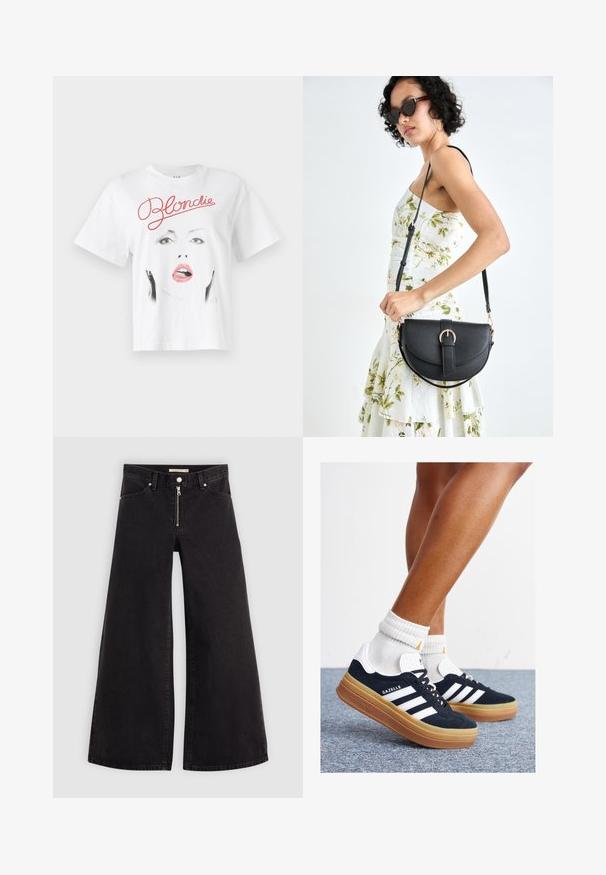 Tricou din bumbac alb, cu un imprimeu grafic al feței unei femei cu buze roșii și numele "Blondie" scris cu litere cursive roșii deasupra.; Jeans cu picioare largi din denim negru, cu fermoar în față, design cu cinci buzunare și detalii subtile de cusătură. Textură netedă și stil casual.; Adidași negri din piele întoarsă cu dungi și accente albe, vârf rotund, talpă de cauciuc gumă, asortați cu șosete albe cu model nervurat.; Geantă din piele neagră, cu o formă curbată, curea detașabilă și accesorii aurii. Geanta are un capac cu un detaliu tip cataramă.
