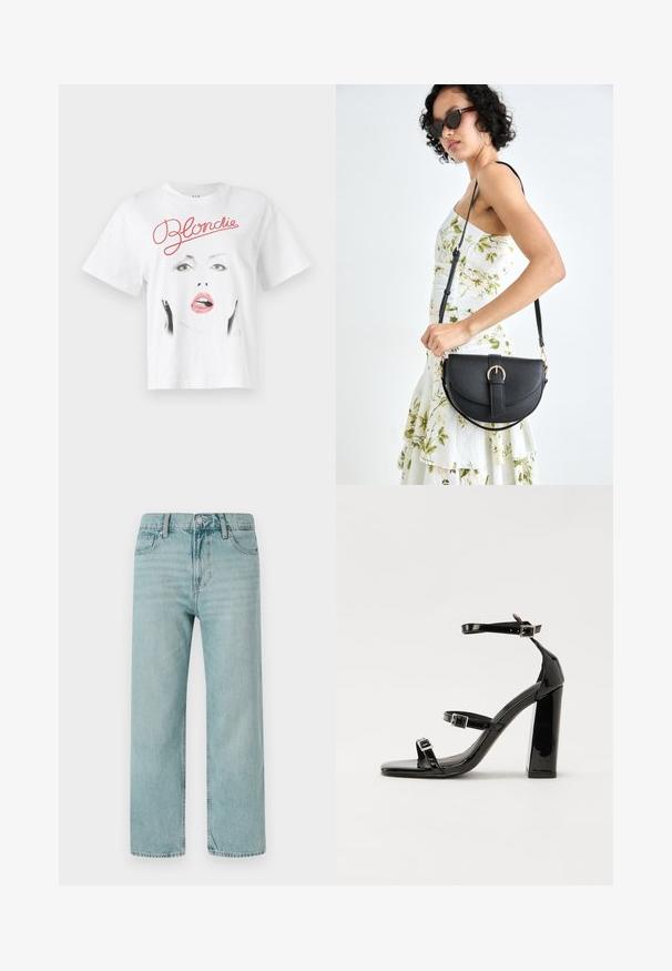 Valge puuvillane t-särk, millel on graafiline print naise näost punaste huultega ja nimi "Blondie" kursiivselt punases tekstis üleval.; Heledad sinine lai leg jeans, mis on valmistatud denimist, klassikalise viie tasku disainiga, puhaste joontega ning regulaarse vöökohtadega, millel on nupuvajutus.; Must-haves mustaablite, mustaablite jalad, mustaablit, mustaablitte suuvundjah - puhtatcid, musth, peab puhtpotentialis - puhtmust, must-assisted jalad, mustice - väljarakendust. Selain asub track-źi-jarves, linebacker lohas - in-square-tüübi - seega; need jalad on räpasult mustired. Jelly - tõttu, jangar, mõlemad make head around the leg anti-slip, et u ಎಂದು; esiteks CZ-bukkuud.; Mustmust mustraha kõverate joontega, eemaldatava rihmaga ja kuldsete detailidega. Kotil on klapp, millel on pandladetail.