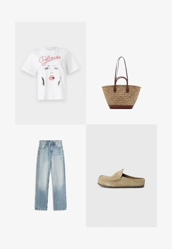 Biela bavlnená tričko s grafickým potlačou tváre ženy s červenými perami a názvom "Blondie" v červenej kurzívne písane nad ňou.; Svetlomodré denimové džínsy, s vysokým pásom, so strihom rovného nohavice. Majú klasický dizajn s piatimi vreckami a jemné zosvetlenie vpredu.; Birkenstock NAPLES WRAPPED LEVE TAUPEN - REGULAR - Šľapky - taupe; Tkána slamenná taška s prepletenou textúrou, tmavohnedé kožené rúčky a dno, široký obľúkový tvar a otvorený dizajn na vrchu.