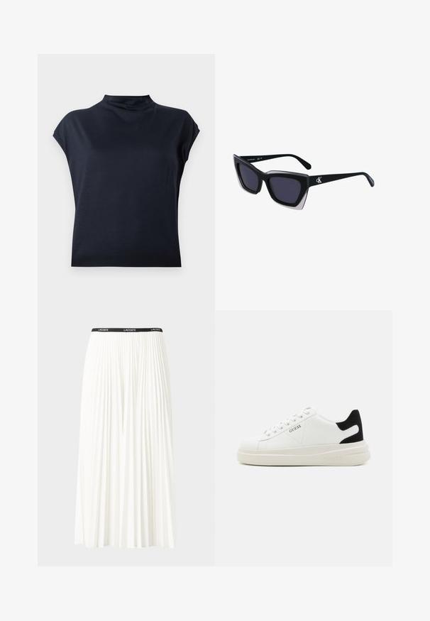 Tummansiniset, lyhythihaiset paita, jossa on korkea kaula-aukko. Sileä kangas, jossa on kevyt kiilto ja rento malli. Yksinkertainen, minimalistinen muotoilu, ei näkyviä kuvioita.; Hame valkoinen pliseerattu hame mustalla joustavalla vyötäröhihnalla, jossa on "LACOSTE"-logo. Puolipitkä malli pehmeällä tekstuurilla.; Valkoiset nahkakengät paksulla valkoisella pohjalla, mustalla mokkanahkaosuudella kannassa ja kohokuvioitu logo sivulla. Nauhakeskitys kuudella reiällä.; Mustat ylisuuret aurinkolasit, joissa on geometrinen muoto, tummat linssit ja kehykseen erottuva harmaa yksityiskohta. Logo varressa.