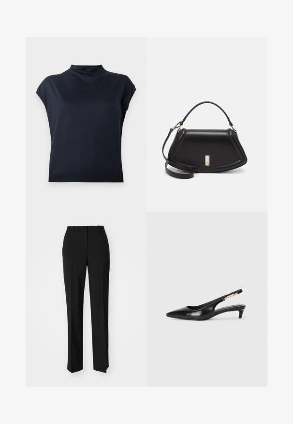 Námornícky modrý top s krátkymi rukávmi a vysokým golierom. Hladká látka s jemným leskom a voľným strihom. Jednoduchý, minimalistický dizajn, bez viditeľných vzorov.; Čierne krajčírské nohavice so strihom rovného nohu, s hladkou textúrou a ostrými skladmi pozdĺž prednej časti. Žiadne viditeľné hardvér.; Čierne kožené slingback opätky s špicatou špičkou, s úzkym opätkom a zlatým detailom na nastaviteľnom remienku. Hladká textúra.; Čierna kožená kabelka so štruktúrovaným dizajnom, s krátkym tvarom, hornou rúčkou a zlatými prvkami. Súčasťou je nastaviteľný ramenný popruh.