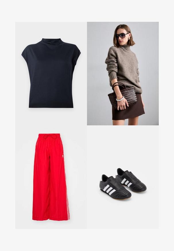 Tummansiniset, lyhythihaiset paita, jossa on korkea kaula-aukko. Sileä kangas, jossa on kevyt kiilto ja rento malli. Yksinkertainen, minimalistinen muotoilu, ei näkyviä kuvioita.; Punat leveät punaiset housut valmistettu kevyestä kankaasta, joissa on valkoiset sivuraidat ja joustava vyötärö, jossa on naru.; Mustat jalkapallokengät, joissa on tekstuurilla varustettu nahkapäällinen, pehmustettu etuosa, kolme valkoista raitaa sivuilla ja kuminen ulkopohja.; DRAGON DIFFUSION MINI FLAT GORA - Käsilaukku - dark brown