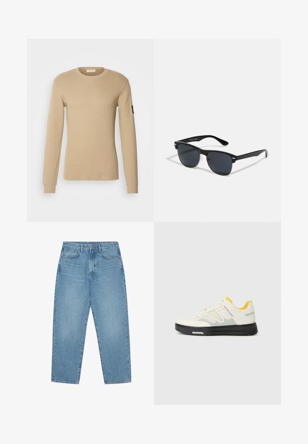 Beige Langarm-T-Shirt aus strukturierter Stoff, mit Rundhalsausschnitt und engen Bündchen. Enthält ein kleines schwarzes Logo am Ärmel.; Hellblaue Jeans im weit geschnittenen Stil mit hoher Taille, ausgestattet mit fünf Taschen, Gürtelschlaufen und einer weichen, leicht verblassten Textur.; Weiße und graue Sportschuhe mit einer strukturierten Oberseite, gelben Akzenten an der Zunge und einer dicken schwarzen Sohle. Verfügt über Perforationen zur Belüftung.; Schwarze Sonnenbrille mit rechteckiger Form, dunklen Gläsern, silbernen Akzenten an den Bügeln und mattierter Oberfläche des Rahmens.