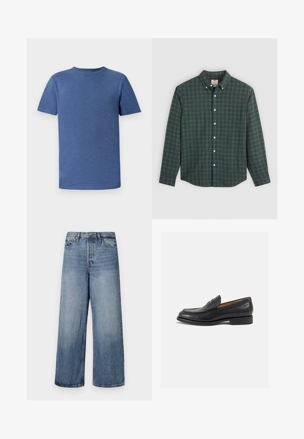 Zila īsām piedurknēm T-krekls, kas izgatavots no strukturēta auduma. Tam ir klasiskā apaļā apkakle un brīvs piegriezums, bez redzamām rakstām vai akcentiem.; Ilgi piedurkņu pogu krekli ar zaļu, zilu un dzeltenu svītru rakstu, baltām pogām un pogājamu apkakli.; Platas kājas zils džinsu bikses ar izbalējušu apdari, piecu kabatu dizains un pogu aizdare. Aprīkotas ar jostām un piešūtu detaļu.; Melnas ādas loafers ar gludu apdari, noapaļotu purngalu un dekoratīvām šuvēm uz virsu. Zems, sakrauta papēža un neliels spīdums.