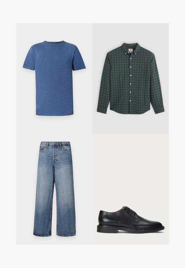 Blue short-sleeve t-shirt made of a textured fabric. Features a classic crew neck and a relaxed fit, with no visible patterns or accents.; Long-sleeve button-up shirt with green, blue, and yellow plaid pattern, white buttons, and a buttoned collar.; Wide-leg blue denim jeans with a faded wash, five-pocket design, and a button closure. Equipped with belt loops and stitched detailing.; Black leather dress shoe with a round toe, lace-up design, and a low stacked heel. Smooth texture with minimal stitching details.