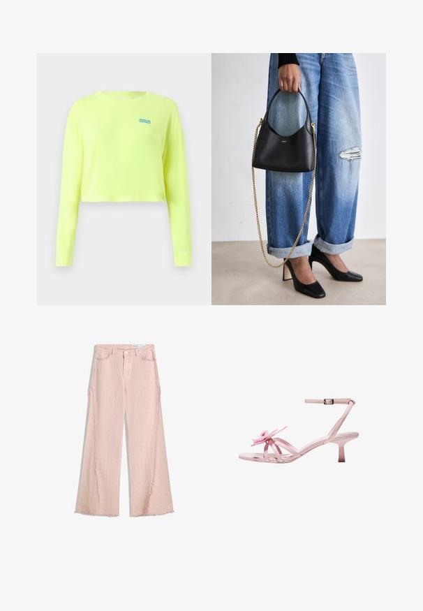 Cropped long-sleeve shirt in bright neon yellow cotton with a logo in blue on the left chest area. Smooth texture and casual fit.; Light pink wide-leg jeans with a textured finish, fringed hem, and five-pocket design. Features a button closure and belt loops.; Pink patent leather heeled sandals with a floral accent on the toe, featuring adjustable ankle strap and slender, short heel.; Black leather handbag with a curved shape, short handle, and gold chain strap. Worn with distressed blue denim and black high heels.