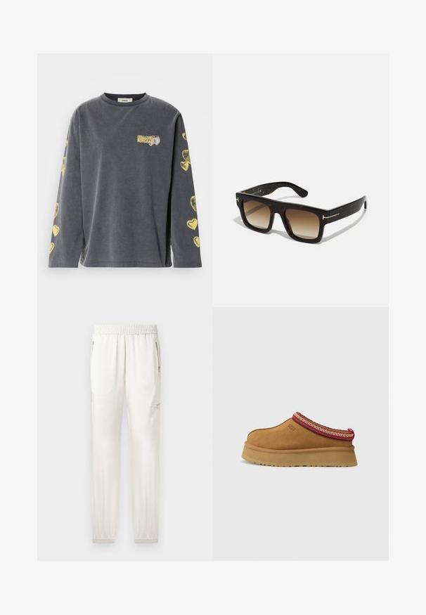 Grijze langarmshirt met een ronde hals, versierd met gele hartpatronen langs de mouwen en een klein bedrukt logo aan de voorkant.; Lichtcrème kwart-rits sweater met een voorzak, trekkoord aan de onderkant en geborduurd logo in dezelfde kleur op de borst. Zachte stofstructuur.; Lichtgekleurde joggers met een elastische tailleband, taps toelopende boorden, zijzakken en ritssluitingen. Gladde, licht glanzende stofafwerking.; Bruine suède instapschoen met een rood en crèmekleurig patroon aan de rand, een gestructureerde zool en het UGG-logo aan de zijkant. Heeft een lichte platformhoogte.; Schildpad zonnebril met een vierkant frame, een verloop van bruine lenzen en subtiele gouden hardwareaccenten op de slapen.; Bruine suede tote bag met twee zachte handvatten, een verticale band met een zilveren accent en een brede, open bovenkant. Gladde textuur, minimalistisch ontwerp.