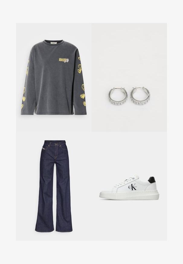 Sivá dlhá mikina s okrúhlym výstrihom, na rukávoch so žltými srdiečkovými vzormi a malým potlačeným logom na prednej strane.; Tmavomodré široké džínsy z denimu s vysokým pásom, zdobené oranžovým šitím, päť vreckovým dizajnom a zapínaním na gombík.; Biele nízke tenisky s čiernym pätkovým dielom, platformovou podrážkou, šnúrkami a logom "CK" značky Calvin Klein na boku.; Strieborné kruhové náušnice s textúrovaným dizajnom, ktorý obsahuje vertikálne ryhy. Obdĺžnikový tvar so zabezpečovacím uzáverom. Hladký povrch.