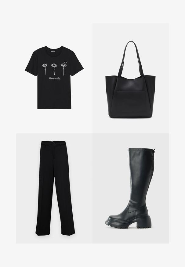 Black cotton t-shirt featuring white line drawings of three flowers and the text "bloom wildly" underneath. Round neck and short sleeves.; Black wide-leg trousers made of smooth fabric, featuring a classic waistband with a button closure and front pleats.; Tall black leather boot with chunky platform sole and block heel, featuring pull tab and textured tread on outsole.; Black tote bag made of smooth synthetic material, featuring two long handles and a front slip pocket. Open top with angular design.