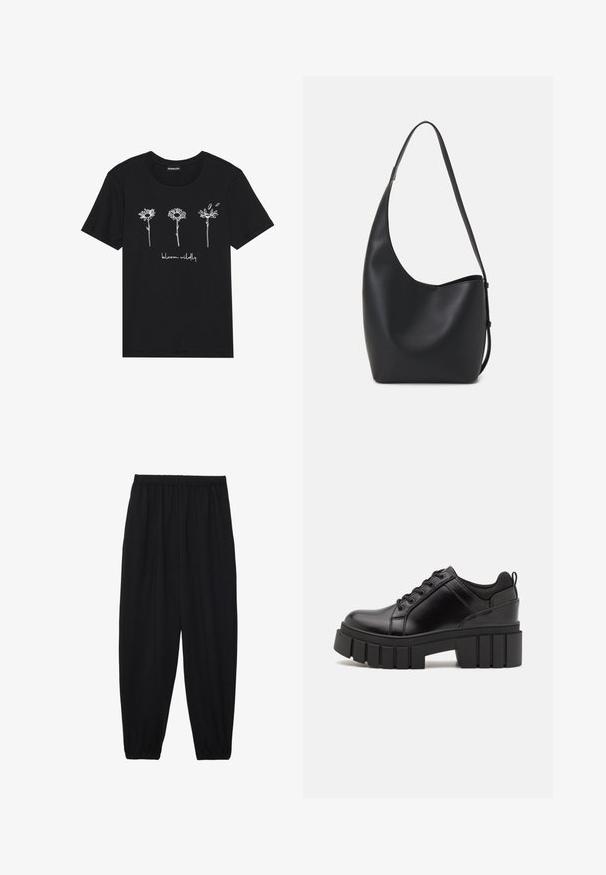 Must mustreest mustreest, kus on valged joonistused kolmest lillekast ja allpool tekst "õitsege metsikult". Ümmargune kaelus ja lühikesed varrukad.; Mustad, kerge kangas püksid elastse vöökoha ja kokku volditud pahkluudega. Kanga pind on sile ja disain on lõdvestunud, kitsenev.; Must musta platvormsussid paksu plokkninal, ümmarguse varbaga ja traditsioonilise nööridega kinnitamisega. Sussid on sileda tekstuuriga ja minimaalsete detailidega.; Mustast nahast hobo kott, millel on sile tekstuur, kumer kuju ja üks reguleeritav rihm; peal on lai avaus.