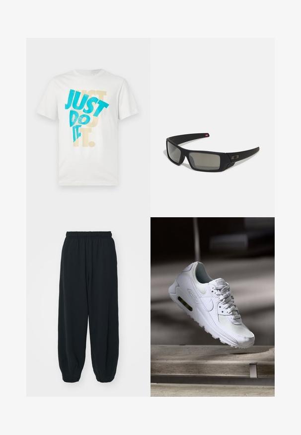 Balta medvilninė marškinėlių su drąsiais, tekstūriniais grafikos tekstais turkio ir smėlio spalvų, kuriuose užrašyta "TIESIOG DARYK IT." Trumpi rankovės su apvaliu iškirpimu.; Juodi, su elastiniu juosmeniu sportiniai kelnės su laisvu siluetu, suapvalintais kulkšnimis, lygia tekstūra ir be matomų raštų ar metalinių akcentų.; Baltos Nike Air Max 90 sportbačiai su.comi ir odos viršumi, perforuota pirštų dėžute ir matomu oro pagalvėle kulne.; Juodi akiniai saulės su matinio paviršiaus užbaigimu, stačiakampiai lęšiai, švelnus lenkimas ant šventyklų, subtilus logotipo detalizavimas ir dūminiai lęšiai.