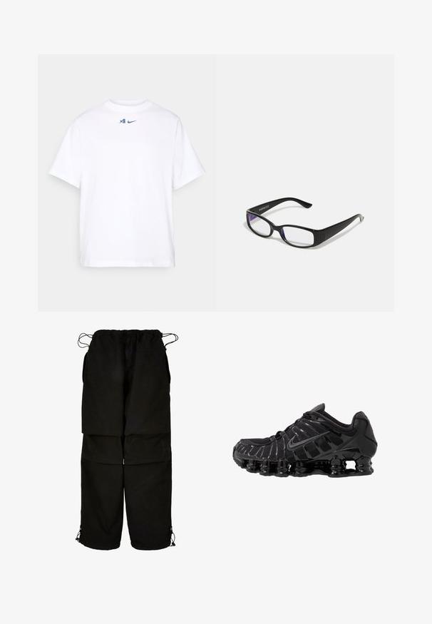 White cotton T-shirt with short sleeves, crew neck, featuring a blue Nike logo and design detail on the chest area.; Black pants made of lightweight fabric, featuring an adjustable waistband and drawstring hems. Designed with a loose, oversized fit and multiple pockets.; Black athletic shoe with mesh upper and glossy overlays. Features curved coil cushioning and textured lines on the side. Nike logo visible.; Black rectangular glasses with clear lenses. Glossy finish, narrow arms, and purple tint visible at the edges of the lenses.; Dark blue denim bag with a rounded shape, multiple exterior pockets, adjustable strap, and silver hardware accents. Top handle included.