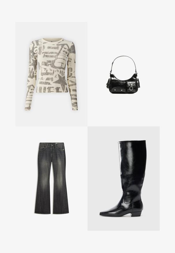 BDG Urban Outfitters STAMP TEE - Hosszú ujjú felső - ecru; Tágított sötét mosott farmerekről van szó, melyeken enyhe kopás látható, öt zseb található, és kontrasztos varrás jellemzi. A klasszikus gombos és cipzáras záródásúak.; Fekete bőr, térd felett érő csizma fényes felülettel, hegyes orral és alacsony tömbsarkúval. Simá felület és minimalista dizájn jellemzi.; Fekete lakkbőr kézitáska ívelt formával, egy vállpánttal, elülső zsebekkel és ezüstszínű fémrészletekkel.