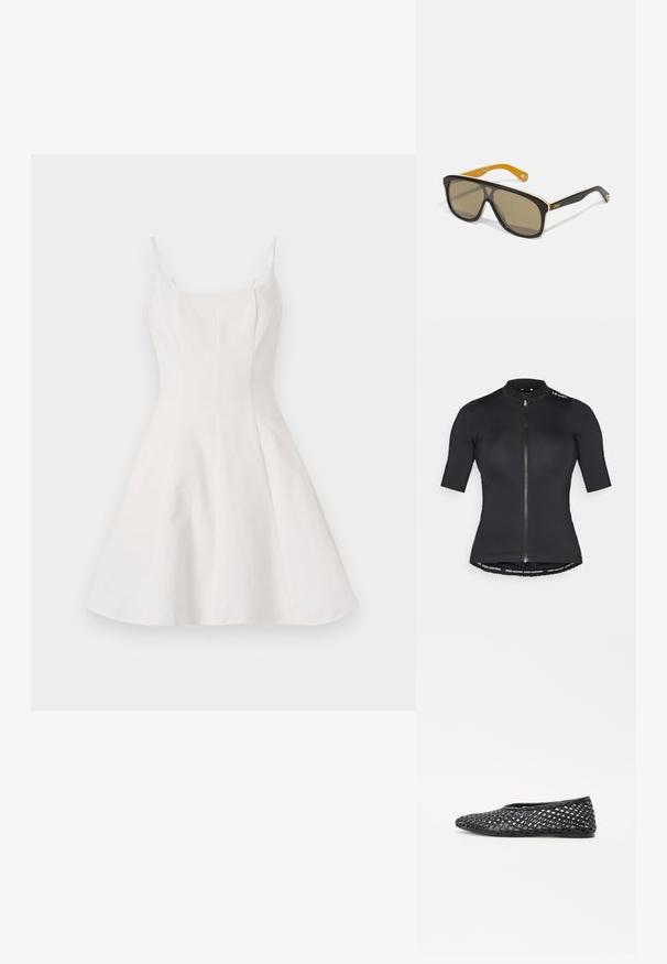 Jersey de ciclismo de manga corta en negro, con cremallera frontal, cuello alto y banda de marca a lo largo del dobladillo inferior. Tejido suave y ligero.; Vestido A-line blanco con tirantes finos, que presenta un torso ajustado y una falda acampanada. Hecho de una tela suave con un diseño limpio y minimalista.; Zapato negro de lona tipo slip-on con diseño de lattice, suela plana y material de goma suave, que proporciona transpirabilidad y flexibilidad.; Gafas de sol oversized negras con lentes marrones, que presentan un acento blanco en la montura y puntas de patilla amarillas en contraste. Logo de la marca presente.