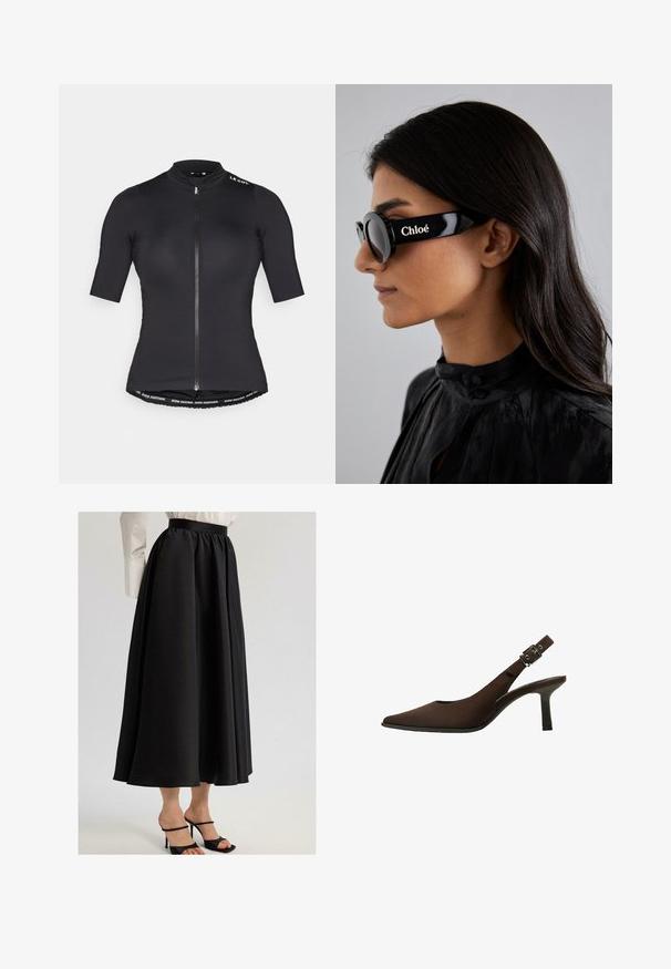 Koszulka kolarska z krótkim rękawem w kolorze czarnym, z suwakim z przodu, wysokim kołnierzem oraz markowym paskiem na dolnym brzegu. Gładki, lekki materiał.; Czarna długa spódnica z gładkiego materiału, z marszczonym pasem i swobodnym krojem, w połączeniu z czarnymi sandałami na cienkich obcasach.; Brązowe zamszowe czółenka na pasek z odkrytą piętą, z wydłużonym noskiem, eleganckim fasonem, cienką szpilką oraz z akcentem klamry na pasku wokół kostki.; Czarne okulary przeciwsłoneczne z okrągłymi soczewkami i odważnymi, kanciastymi oprawkami, na boku z białym napisem "Chloé". Gładkie, błyszczące wykończenie.; Brązowa torebka ze strukturalnej skóry, z złotymi akcesoriami, górnym uchwytem i odpinanym paskiem na ramię. Posiada przednią klapkę oraz detal z logo.; Złoty prostokątny zegarek na nadgarstek z białą tarczą, srebrnymi znacznikami godzin i wytrzymałym metalowym bransoletą. Wbudowana funkcja wodoodporna.