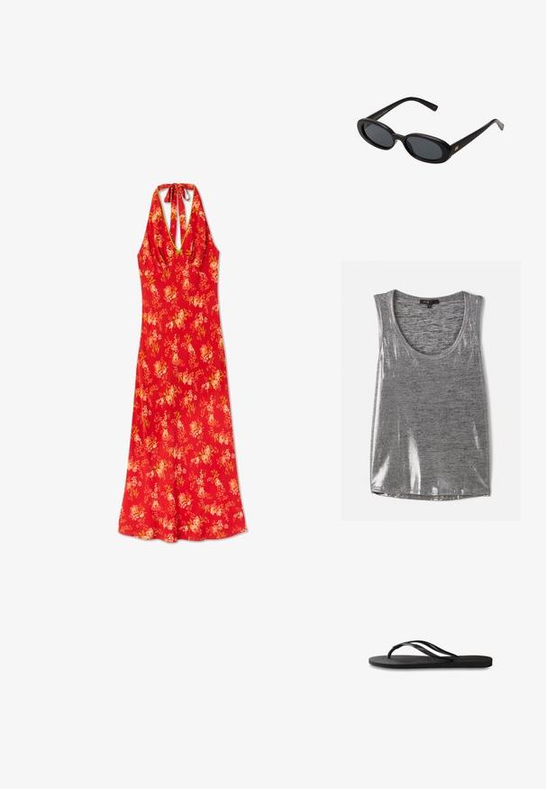 Top sin mangas gris con escote redondeado, hecho de un material ligeramente brillante, con una textura suave y un ajuste estándar.; Vestido de verano rojo con flores, con un diseño de cuello halter, que presenta un cuerpo ajustado y una falda fluida, elaborado con una tela ligera de textura suave.; Chanclas negras con suela de goma texturizada, dos tiras delgadas y un sutil detalle de logo en relieve en la tira.; Gafas de sol grandes de color negro con lentes ovalados, montura de plástico suave y detalles dorados en las patillas. Los lentes oscuros ofrecen protección solar.; Chaleco gris cortado con botones, combinado con pantalones vaqueros de pierna ancha blancos y zapatos planos negros. Accesorios con un pequeño bolso de flecos plateado.; Collar de cadenas de oro que presenta piedras preciosas alternas en verde claro, rosa y transparente. Cada gema está engastada en un bisel circular.