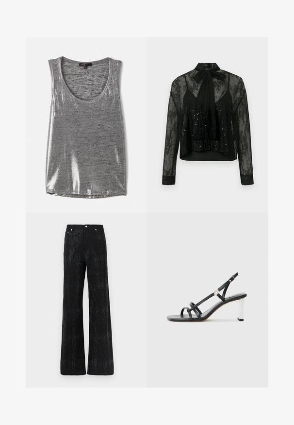 Gray sleeveless tank top with a rounded neckline, made of slightly shiny material, featuring a smooth texture and standard fit.; Black sheer blouse with long sleeves, featuring a lace overlay and sequin detailing, topped with a neck bow tie and a cropped design.; Black wide-leg trousers with a textured surface, featuring a shimmering pattern. Finished with a standard waistband and metal button accents.; Black heeled sandals with multiple narrow straps, a slingback design, and a silver accent on the heel. Smooth upper material and square heel.