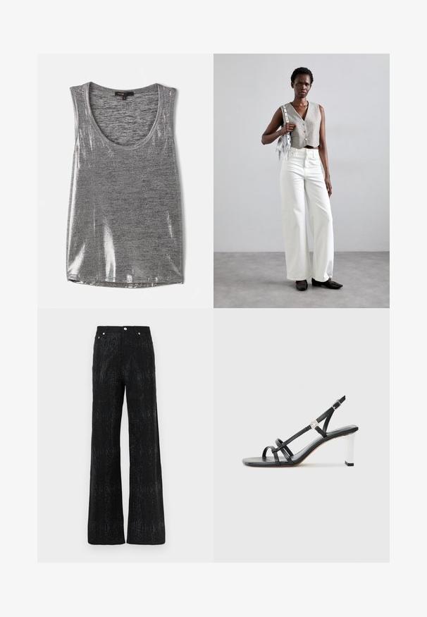 Graues ärmelloses Tanktop mit rundem Halsausschnitt, aus leicht glänzendem Material, das eine glatte Textur und eine normale Passform aufweist.; Schwarzes, knopfbares Hemd mit Kragen, aus strukturiertem Stoff und verstreuten metallischen Verzierungen. Eine Brusttasche auf der linken Seite.; Schwarze weit geschnittene Hose mit strukturiertem Obermaterial, das ein schimmerndes Muster aufweist. Abgeschlossen mit einem Standardbund und Metallknopf-Akzenten.; Schwarze High-Heelsandalen mit mehreren schmalen Riemen, im Slingback-Design und einem silbernen Akzent an der Ferse. Glattes Obermaterial und blockförmige Ferse.; Grauer, verkürzter Weste mit Knöpfen, kombiniert mit weißen, weit geschnittenen Jeans und schwarzen flachen Schuhen. Ergänzt durch eine kleine silberne Fransenhandtasche.