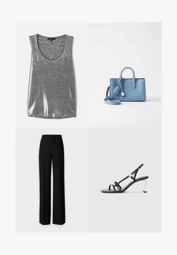 Pelēks bezpiedurkņu topiņš ar noapaļotu kakla izgriezumu, izgatavots no nedaudz spīdīga materiāla, ar gludu tekstūru un standarta piegriezumu.; Melni platleği bikses ar gludu tekstūru, ar augstu jostasvietu un centrālajām krokām. Nav redzamu rakstu vai aparatūras detaļu.; Melni papēžu sandales ar vairākiem šauriem siksniņām, slingback dizains un sudraba akcenti uz papēža. Gluda augšējā materiāla un kvadrātveida papēdis.; Gaiši zils ādas rokassomas, kurai ir divi rokturi, noņemams plecu siksniņa un sudraba krāsas atslēga un birka. Gluda virsma.