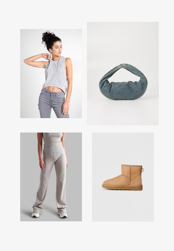 Grå ærmeløs hættetrøje med en lomme foran, cropped design og snore; båret med grå tætsiddende jeans. Glat tekstur og afslappet stil.; Grå ribbet tanktop og matchende bukser lavet af strækbart materiale. Bukserne har en bred bunden design og er parret med lyse sneakers.; Brune suede ankelstøvle med rund tå, stikninger, en pull tab bagpå og en tekstureret gummisål. Designet til komfort og varme.; Blå denimtaske med en polstret, rund form og et buet håndtag. Teksturen er blød med synlige syninger og en glat finish.