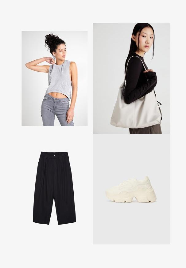 Grauer ärmelloser Hoodie mit einer Fronttasche, cropped Design und Kordeln; getragen mit grauen eng anliegenden Jeans. Sanfte Textur und lässiger Stil.; Schwarze Polyester-Culotte mit einem elastischen Bund, zwei vorderen Falten und einer lockeren Silhouette. Keine sichtbaren Muster oder Hardware-Details.; Flockige weiße Sneaker aus strukturiertem Mesh und synthetischen Materialien, mit einer dicken Sohle und komplizierten Mustern entlang der Seiten.; Beige Handtasche aus weichem Material, mit einem lässigen Design, gesteppten Details und zwei Schulterriemen. Geeignet für den täglichen Gebrauch.