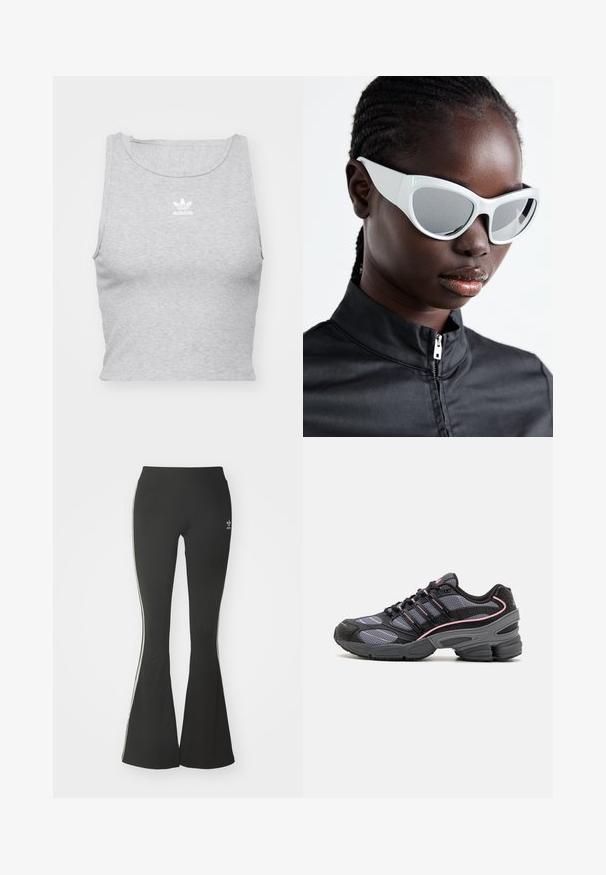 Pilkas, be rankovių, trumpas viršus, pagamintas iš minkštos medžiagos, su apvaliu kaklu ir mažu baltu "Adidas" logotipu ant krūtinės.; Juodos flaringo tipoLegginsai pagaminti iš elastingos medžiagos, turintys aukštą juosmenį ir baltas šonines juostas. Pridedama maža logotipas ties juosmeniu.; Juodai ir pilki sportiniai bateliai su tinklelio detalėmis, rožinėmis akcentų linijomis ir masyviu padu. Apima raištelius ir tekstūruotą medžiagos apdailą.; Baltos saulės akiniai su ryškiu, dideliu dizainu ir veidrodiniais lęšiais, turintys lygius plastiko rėmus ir išryškintas kreives.