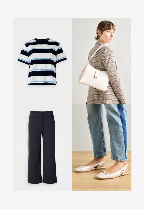 T-shirt met korte mouwen met horizontale strepen in marineblauw, lichtblauw en wit. Gemaakt van zachte katoen, met een ronde halslijn en een ontspannen pasvorm.; Wijd-zittende broek in donkerblauwe stof. Heeft een vlakke voorkant, riemlussen en zijzakken. Het materiaal is glad met een lichte stretch.; Zachtroze slingback ballerina's met een spitse neus, gemaakt van een glad leerachtig materiaal. Bevat uitsnijdingen aan de zijkanten en heeft een platte hak.; Witte leren handtas met een gestructureerd ontwerp, voorzien van een magneetsluiting en een schouderriem, tentoongesteld tegen een neutrale achtergrond.