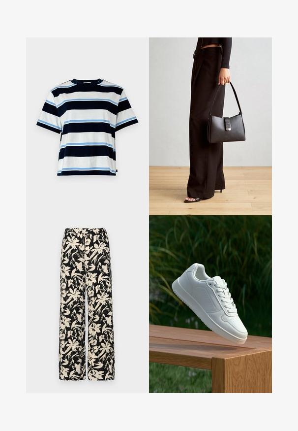 Trumpas rankovėmis marškinėliai su horizontaliomis juostelėmis tamsiai mėlynos, šviesiai mėlynos ir baltos spalvos. Pagaminti iš minkštos medvilnės, su apvaliu iškirpimu ir laisvu siluetu.; Juodos plačios kojos kelnės su grietinėlės spalvos gėlių raštu. Pagamintos iš lengvos medžiagos, pasižyminčios lygiapass viršutine tekstūra ir aukštu liemeniu.; Balti sneakeriai su lygia sintetine viršutine dalimi, perforuota pirštų zona, plokščiomis raištelėmis ir tekstūruotu padu, padėti ant medinės paviršiaus.; Juodas rankinė struktūrizuota forma, lygi tekstūra ir metalinis užsegimas. Suporuota su plačiomis juodomis kelnėmis ir atvirais bateliais ant medinių grindų.