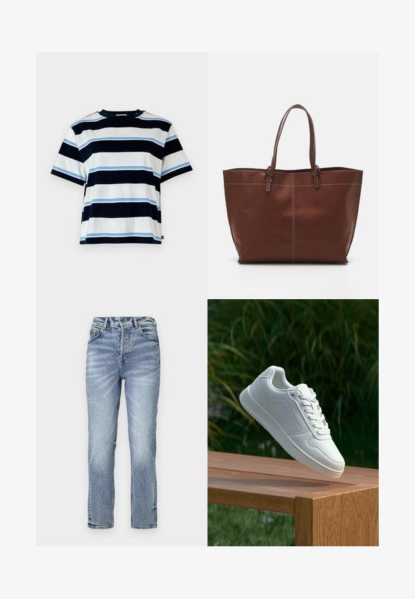 Kortermet T-skjorte med horisontale striper i marineblått, lyseblått og hvitt. Laget av myk bomull, med rund hals og avslappet passform.; Lys blå denim jeans med rett passform, høy midje, falmet tekstur og fem lommer. Har metallknapp og glidelås lukking.; Pier One UNISEX - Joggesko - white; Brun lær tote bag med dobbelthåndtak, har kontraststing og en romslig design, egnet for daglig bruk.