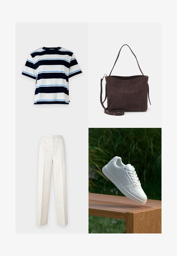 Short-sleeve T-shirt with horizontal stripes in navy, light blue, and white. Made of soft cotton, featuring a crew neckline and relaxed fit.; Cream-colored trousers with a tailored fit, featuring a straight leg, smooth fabric, front pleats, and clean hem. Minimalist design.; White sneaker with a smooth synthetic upper, perforated toe box, flat laces, and a textured sole, displayed on a wooden surface.; Brown suede tote bag with a soft texture, featuring a single shoulder strap and a subtle curved top opening. No visible hardware details.