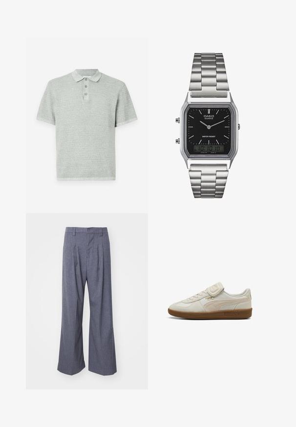 Rövid ujjú pólóing világosszürke színben, textúrált anyagból készült. Galléros nyakkal rendelkezik, három gombbal és egyenes aljjal.; Szürke csíkos nadrág széles lábakkal, elöl pliszírozva és sima textúrával. Nincsenek látható fémrészek vagy kiegészítők.; Fehér bőr edzőcipő textúrált részletekkel, gumitalppal és arany logóval. Fűzős és tépőzáras záródással rendelkezik.; Ezüst rozsdamentes acél kvarcóra fekete, téglalap alakú számlappal, analóg mutatókkal, digitális kijelzővel és vízállósági jelöléssel.