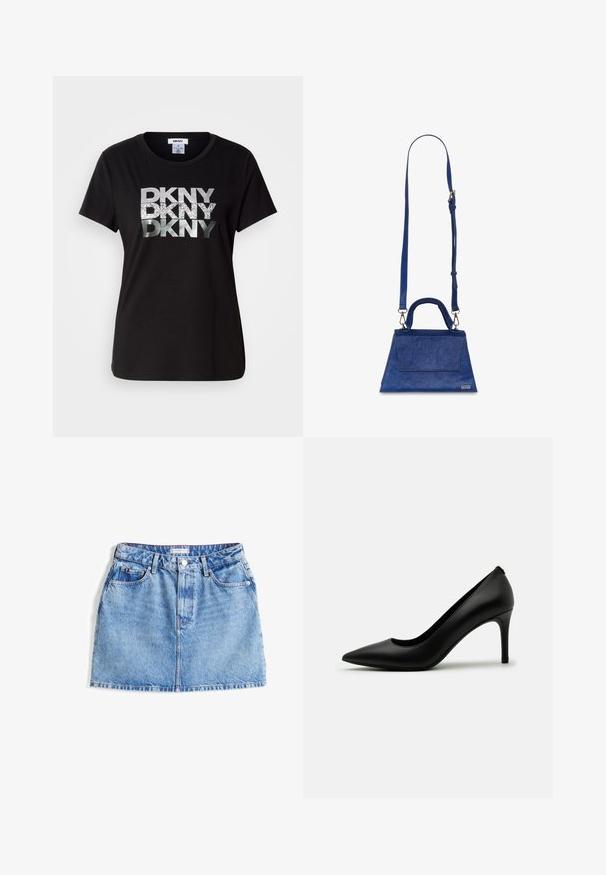 Black cotton t-shirt featuring large metallic silver and glittered "DKNY" logo printed across the front. Short sleeves and crew neck design.; Denim mini skirt in light blue with a five-pocket design, button closure, and subtle faded texture. Features a branded waistband label.; Black high-heeled pump made of smooth leather, featuring a pointed toe and a slender stiletto heel. Minimalist design with no visible embellishments.; Blue faux leather handbag with a triangular shape, top handle, and adjustable shoulder strap. Features a smooth texture and front flap detail.; Gold-tone drop earrings featuring a circular white stud and a teardrop-shaped white bead with a tapered gold accent.
