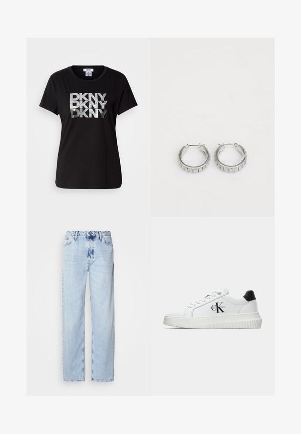 Juodas medvilninės medžiagos marškinėliai su dideliu metaliniu sidabriniu ir blizgučiais "DKNY" logotipu, atspausdintu priekyje. Trumpi rankovės ir apvalaus kaklo dizainas.; Šviesiai mėlynos plačios kelnės, pagamintos iš džinsinio audinio, su aukšta juosmens linija, išblukusiu plovimu ir subtiliu tinių dažymu priekyje.; Balti žemakulniai bateliai su juodu kulno dangteliu, platformos padu, raišteliais ir Calvin Klein "CK" logotipu šone.; Sidabrinės auskarų žiedai su tekstūruotu dizainu, turinčiu vertikalias briaunas. Apskritimo forma su saugiu užraktu. Lygi apdaila.
