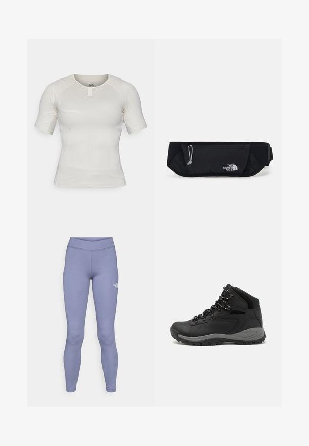 Camisola atlética de mangas curtas em tecido de malha bege claro com decote redondo e detalhe com aba frontal. Design ajustado e elástico para conforto.; Leggings atléticos azuis feitos de um tecido suave e elástico. Apresentam uma cintura alta e um pequeno logótipo branco na coxa esquerda.; Bota de caminhada preta com design de cano médio, apresentando um upper texturizado, detalhes cinzentos e sola de borracha durável com cravos de tração.; The North Face SUNRISER RUN BELT UNISEX - Bolsa de cintura - black/white