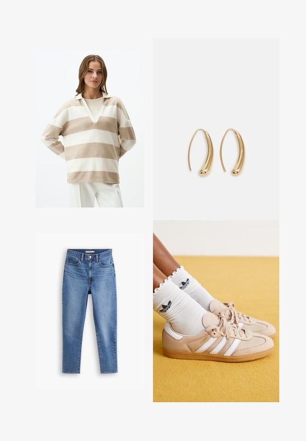 Beige en witte gestreepte pullover met een V-hals en kraag, gemaakt van zacht materiaal. Heeft een ontspannen pasvorm en zijsplitten aan de onderkant.; Blauwe hoge taille damesjeans met een sluiting met een knop en rits aan de voorkant, riemlussen en een vijf-pocket ontwerp, plat op een witte achtergrond.; Beige leren sneakers met witte strepen en gouden branding, gecombineerd met witte gerimpelde sokken met een zwart logo. Getextureerde gumzool.; Gouden metalen oorbellen in de vorm van een gebogen, verlengde hoop. Kenmerkend zijn het gladde, glanzende oppervlak en de afgeronde punt voor extra detail.