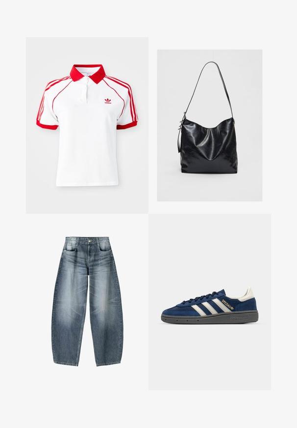 Bela polo majica z rdečim ovratnikom in rdečimi trakom s tremi črtami na ramenskih delih. Ima gumbno zapenjanje in majhen rdeč logotip na prsih.; Široke kavbojke iz svetlo modrega denima s postopnim zbledeljem, z zasnovo petih žepov, gumbom za zapiranje in minimalnimi podrobnostmi šivanja.; Mornarsko usnjeno teniso v temi z belimi črtami, z zlatim detajlom "Spezial", sivo teksturirano podplatom, zaobljenim nosom in usklajenimi vezalkami. Klasičen dizajn.; Črna usnjena torba za ramo z mehko, teksturirano površino. Ima ukrivljen dizajn in en sam nastavljiv trak. Brez dodatne opreme.