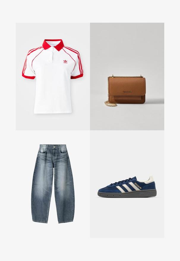 Fehér póló piros gallérral és piros háromcsíkos díszítéssel a vállakon. Gombos kivágással és kis piros logóval a mellkason.; Világoskék denim anyagból készült bővülő szárú farmernadrág, amelyen elhalványulások találhatók, öt zsebbel, gombos záródással és minimális varrási részletekkel.; Tengeri velúr sneaker fehér csíkokkal, arany "Spezial" részlettel, szürke textúrált talppal, kerek orral és azonos színű fűzőkkel. Klasszikus dizájn.; Barna textúrájú bőr keresztbody táska arany lánc pánttal és fedélzárral. Az elején logó részlet és egy zseb található a fedél alatt.