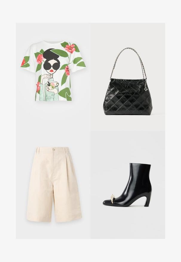 Valkoinen lyhytnukkainen t-paita, jossa on mustahiuksinen nainen aurinkolaseissa pitelemässä kukkakuviollista teekuppia, koristeltuna vihreillä lehdillä ja vaaleanpunaisilla kukilla.; Beige lakanashortsit rentossa istuvuudessa, joissa on nappikiinnitys, laskostettu muotoilu ja polvipituus. Suora tekstuuri ja yksinkertainen tyyli.; Mustat nilkkurit, jotka on valmistettu kiiltävästä nahasta, ja joissa on terävä kärki sekä koristeellinen kultainen ja hopeinen aksentti edessä. Laiton korko.; Musta tikattu nahkalaukku, jossa hopeinen ketjuvannettava, rakenteellinen muotoilu ja sileä pinta.
