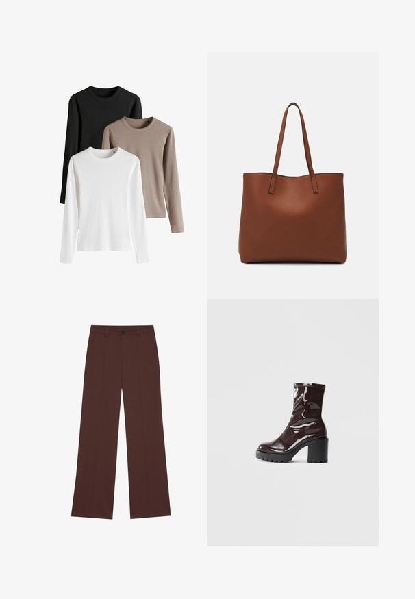 Kolm pika varrukaga mütsi mustas, valges ja helespruunis; ribikonner, ümar kaelus ja külgedel lõhikud allservas.; Laiad pükstehised rikkalikus pruunis kangas. Omavad nööbikinnitust, kahte eesmist taskut, sujuvat tekstuuri ja puhtaid jooni.; Klakav läikiv burgundi värvi pahkluu saabas, millel on paks must konts, sile tekstuur ja lihtne disain. Nähtavad kinnitused või mustrid puuduvad.; Pruun nahast tote-kott, millel on sile tekstuur, avatud ülaosa disain ja kaks õlarihma. Omab minimaalset õmblust ja nähtavat riistvara ei ole.