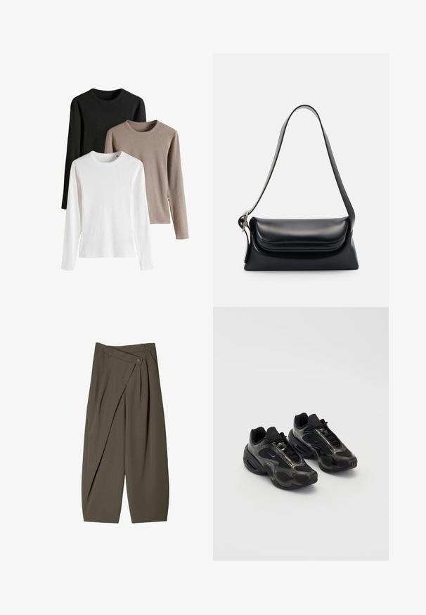 Tri dolgi rokavi v črni, beli in svetlo rjavi barvi; rebrasta tekstura, zaobljeni ovratniki in stranski raztrgi na robu.; Široki hlače iz temno olivno zelene tkanine, z nagubanimi sprednjimi deli, gumbom za zapiranje in sijajno, teksturirano površino.; Črne atletske čevlje iz sintetičnega materiala, z mrežnimi dodatki in zaobljenimi podplati. Imajo sistem vezanja in izrazit Nike logotip na ježku.; Črna usnjena torbica z oblikovano strukturo, gladko teksturo in eno naramnico. Opremljena je z diskretnim, zaobljenim pokrovom.; Srebrna Casio quartz ura s pravokotno/png-iskonsko obliko, analogno in digitalno prikazovanje, jekleni pas in vodoodporne funkcije.