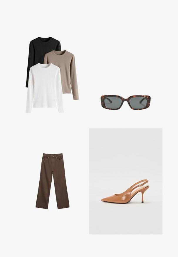 Tričko s dlhým rukávom v čiernej, bielej a svetlo hnedej farbe; rebrovaná textúra, okrúhle výstrihy a bočné rozparky na leme.; Džínsy s širokými nohavicami v hnedej farbe, vyrobené z denimu, so zvýšeným pásom, prednými vreckami a klasickým zapínaním na gombík. Hladká textúra s jemným prešívaním.; Sandal s úzkym podpätkom a špicatou špičkou v hladkej lesklej hnedej materiáli. Obsahuje zakrivený výrez a štíhly ihlový podpätok. Strieborný prackový detail.; Rámiky slnečných okuliarov v štýle korytnačiny s obdĺžnikovými šošovkami, hrubými rámami a tmavými tónovanými šošovkami. Hladký povrch a minimalistický dizajn.