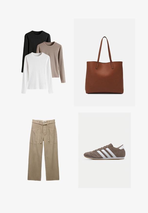 Három hosszú ujjú felső fekete, fehér és világos barna színben; bordázott anyag, kerek nyakkivágás és oldalrészek a szegésnél.; Beige, széles szárú nadrág tartós anyagból, nagy elülső zsebekkel, fonott övvel és finom varrási részletekkel.; Barna velúr sportcipő fehér csíkokkal, kerek orral, fűzős kialakítással és gumitalppal. Textúrázott felsőrész varrási részletekkel.; Barna bőr vászontáska sima textúrával, nyitott tetejű dizájnnal és két vállpánttal. Minimális varrással és látható hardver nélkül készült.