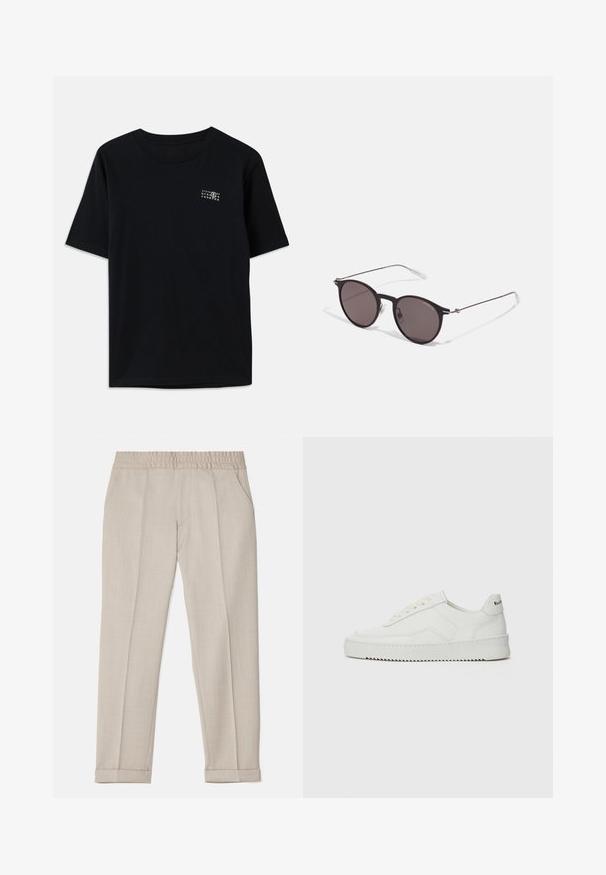 Melnā kokvilnas T-krekls ar īsām piedurknēm, apaļu kakla izgriezumu un mazu baltu grafiku, kurā ir skaitļi, kreisajā krūtīs.; Filippa K TERRY CROPPED TROUSERS - Auduma bikses - sage melange; Baltas ādas sneakers ar gludu virsmu, apaļu pirkstu daļu, plakaniem šņorēm un teksturētu zoli. Satur diskrētu logotipu uz papēža.; Melni apaļi saulesbrilles ar tumšiem lēca un plānām metāla stangām. Iekļautas caurspīdīgas tempļu galviņas un sudraba akcenti pie eņģes. Minimalistisks dizains.