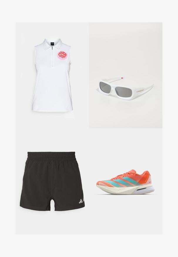 Biała bezrękawnik polo z kołnierzykiem na zamek. Posiada różową okrągłą grafikę przypominającą pokrojony owoc na obszarze klatki piersiowej. Miękka struktura materiału.; Czarne sportowe szorty wykonane z lekkiego materiału. Posiadają elastyczny pasek w talii, boczną kieszeń na zamek błyskawiczny oraz odblaskowe logo na dolnym brzegu.; Buty biegowe z oddychającą siateczką w kolorze koralowym i wodnym, z trzema paskami, amortyzowaną podeszwą i smukłym designem.; Białe prostokątne okulary przeciwsłoneczne Oakley z ciemnymi soczewkami leżące na białej powierzchni, logo widoczne z boku.